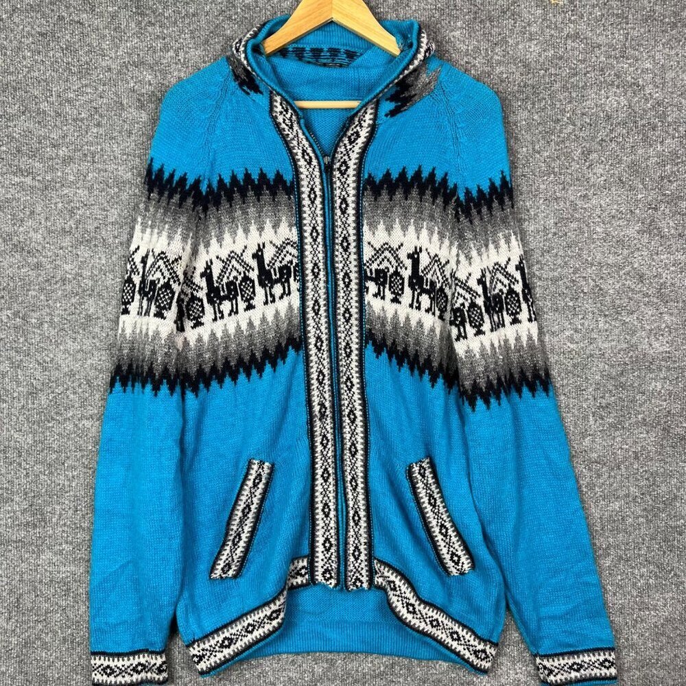 ARTESANIAS APAZA ALPACA Women’s Peru blue‎ Hooded Full Zip Sweater Large